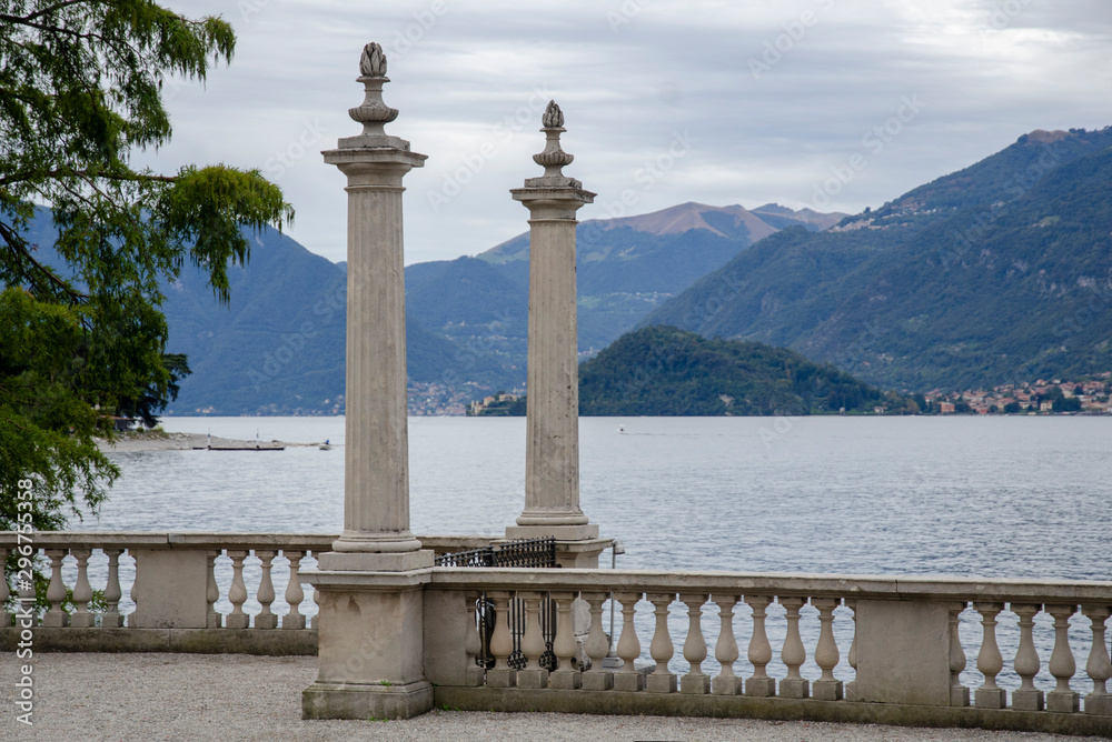 View of Lake Como in Italy, surrounded by mountains, from Villa Melzi