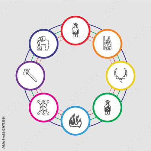8 colorful stroke icons set included dolmen, axe, skin, fire, troglodyte, necklace, clothes, troglodyte