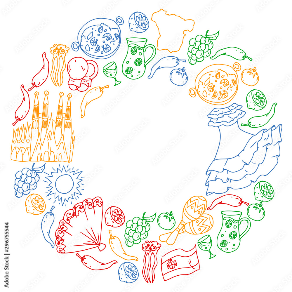 Spain vector pattern. Spanish traditional symbols and objects.