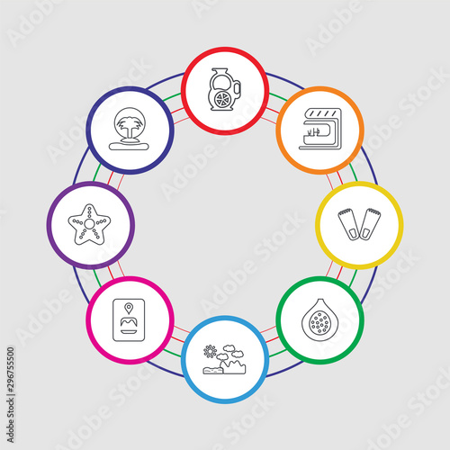 8 colorful stroke icons set included island, starfish, travel guide, mountains, fig, flippers, bar, sangria