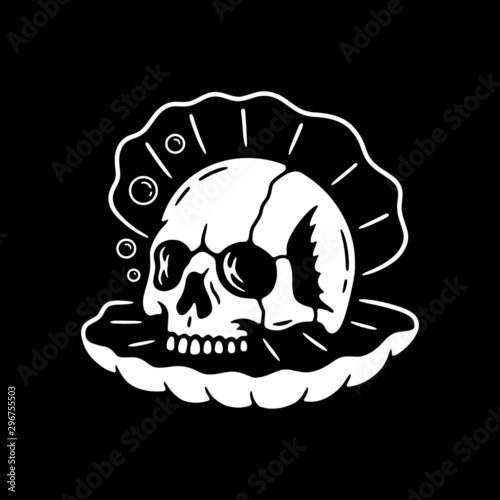SEA SHELL WITH SKULL WHITE BLACK BACKGROUND