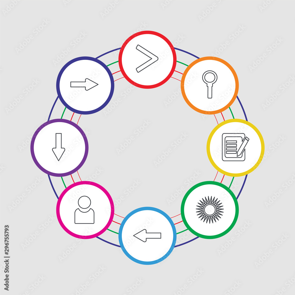 8 colorful stroke icons set included right arrow, down arrow, profile, left arrow, sun, edit, search, right 8 colorful stroke icons set included right arrow, down arrow, profile, left arrow, sun, edit, search, right