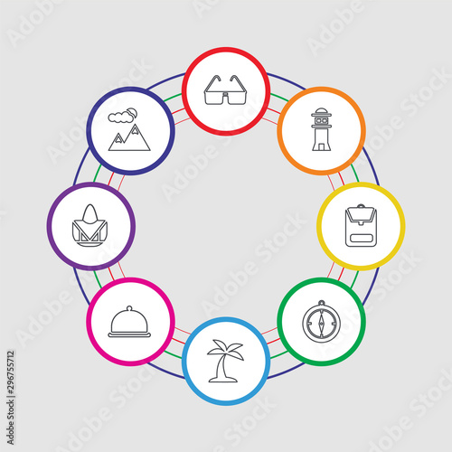 8 colorful stroke icons set included mountain, bag, room service, island, compass, backpack, lighthouse, sunglasses