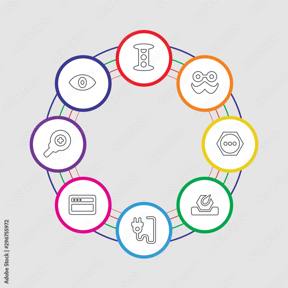 8 colorful stroke icons set included eye, zoom in, browser, plug, speedometer, more, moustache, traffic light 8 colorful stroke icons set included eye, zoom in, browser, plug, speedometer, more, moustache, traffic light