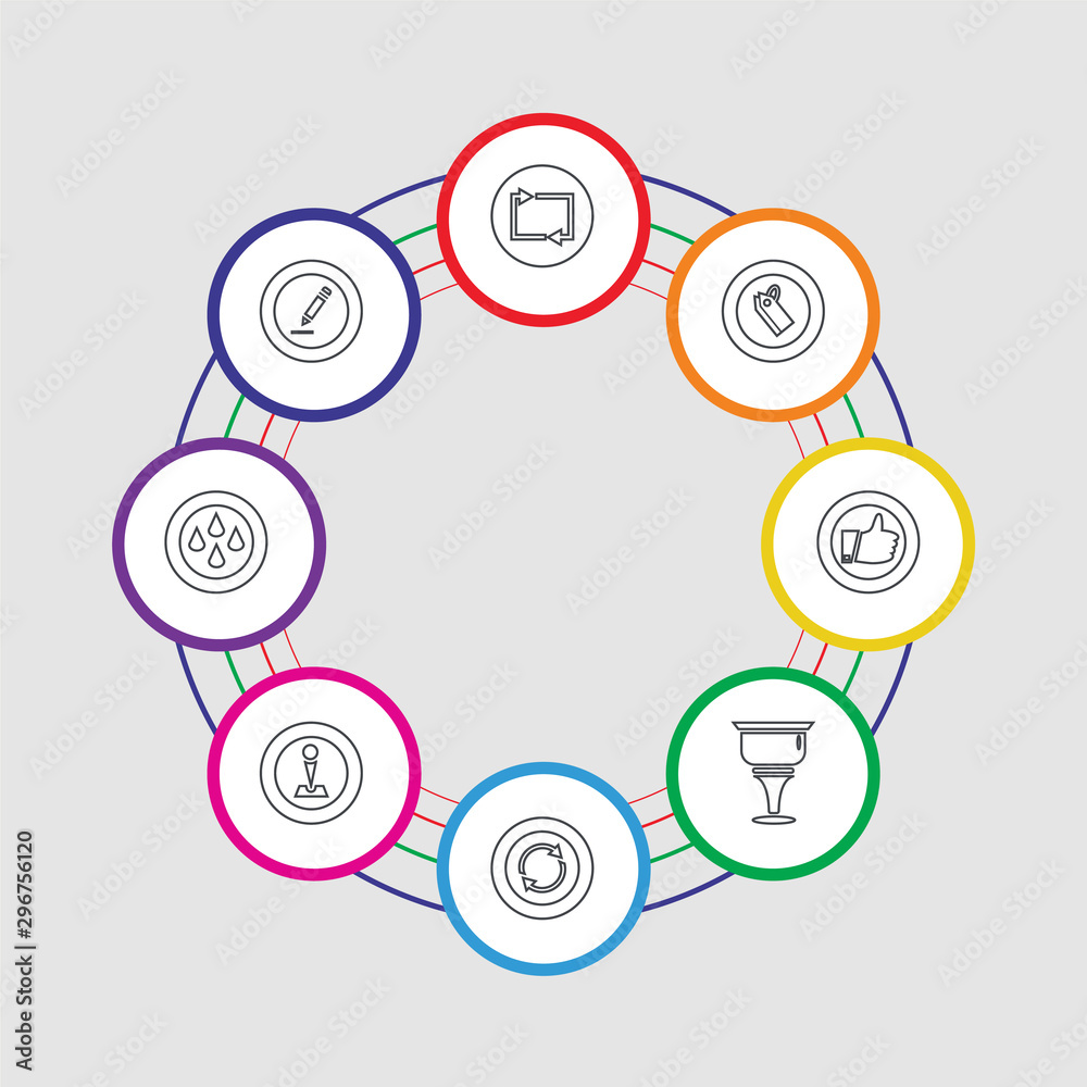 8 colorful stroke icons set included pen, drop, pin, reload, cup, like, tag, reload 8 colorful stroke icons set included pen, drop, pin, reload, cup, like, tag, reload