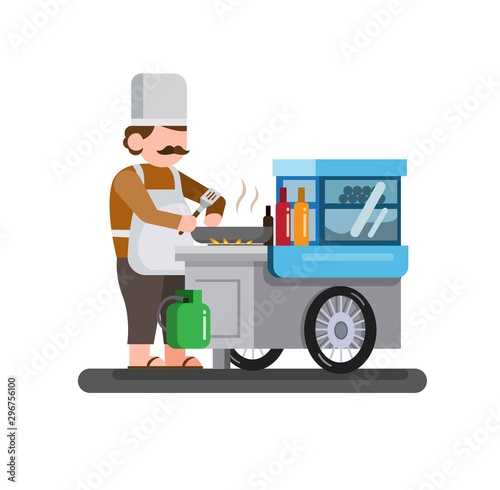 traditional street food, man cook and food cart, trolley, fast food, vector flat character