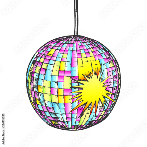 Disco Ball Night Club Equipment Color Vector. Elegance Mirror Disco Globe With Bright Effect Engraving Concept Template Hand Drawn In Vintage Style Illustration