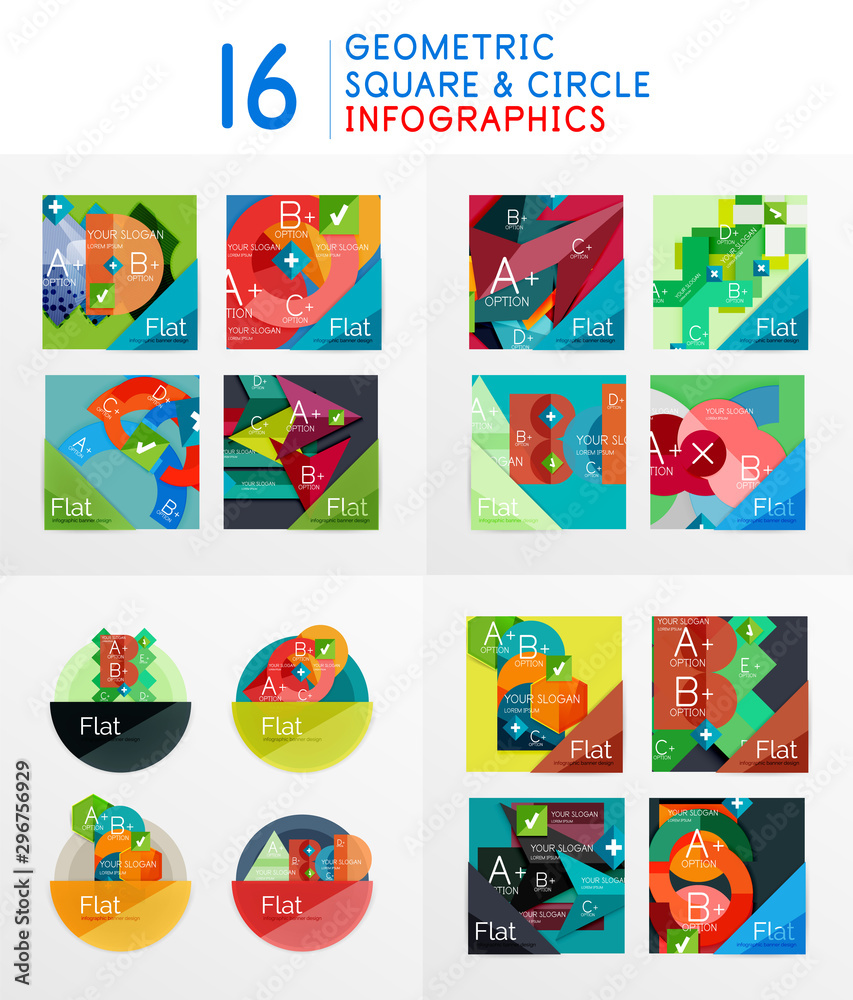 Set of geometric infographics created with triangles, squares and other elements. Modern abstract diagram compositions with options, workflow steps