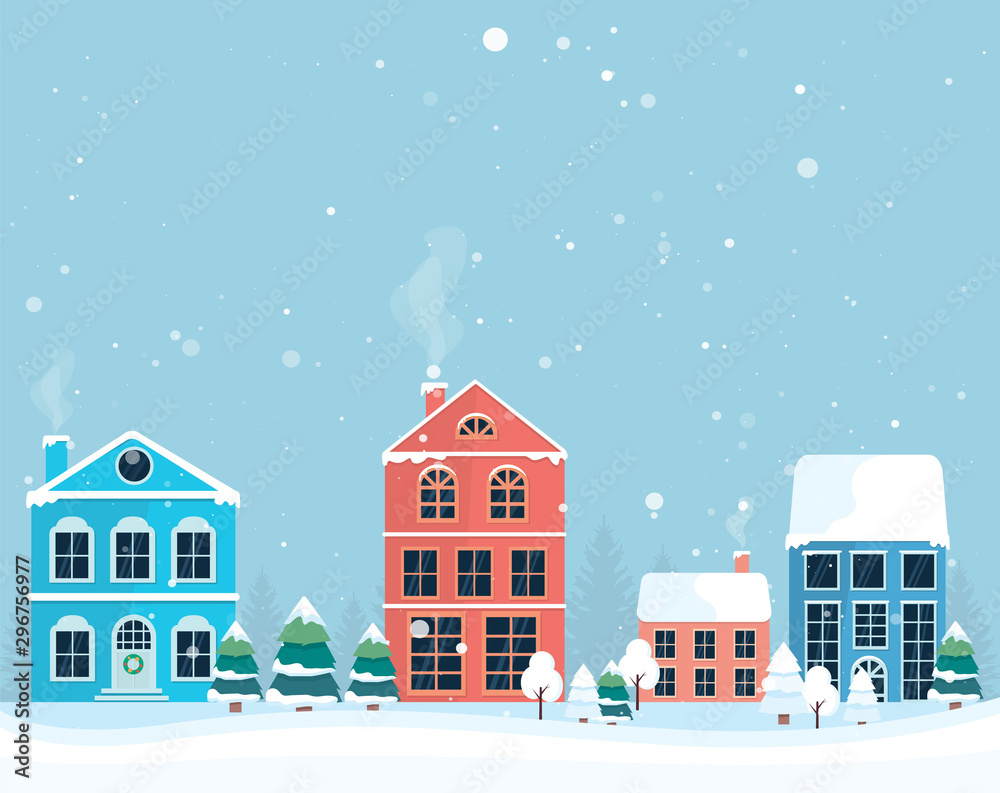 Fototapeta Zimowy krajobraz. Zimowa wioska bożonarodzeniowa. Kolorowy dom