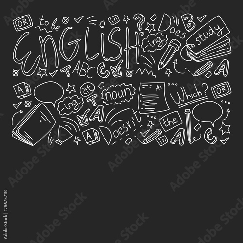English courses. Doodle vector concept illustration of learning english language.