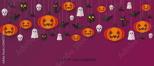 Happy Halloween paper cut banner with violet background.