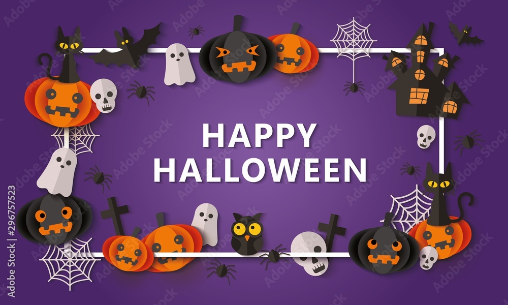 Halloween violet banner and background with frame and decoration of pumpkins and skulls. Halloween violet banner and background with frame and decoration of pumpkins and skulls.