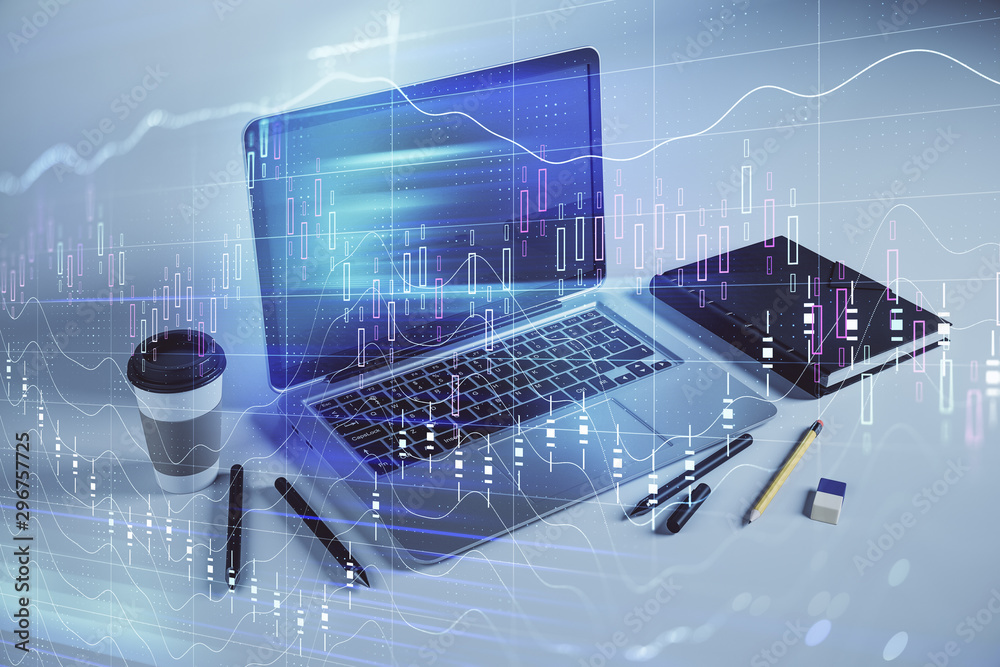 Forex graph hologram with desktop office computer background. Double exposure. Concept of financial analysis. Forex graph hologram with desktop office computer background. Double exposure. Concept of financial analysis.