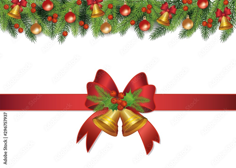 Christmas celebration decoration set - pine tree top border and red ribbon with bell Christmas celebration decoration set - pine tree top border and red ribbon with bell