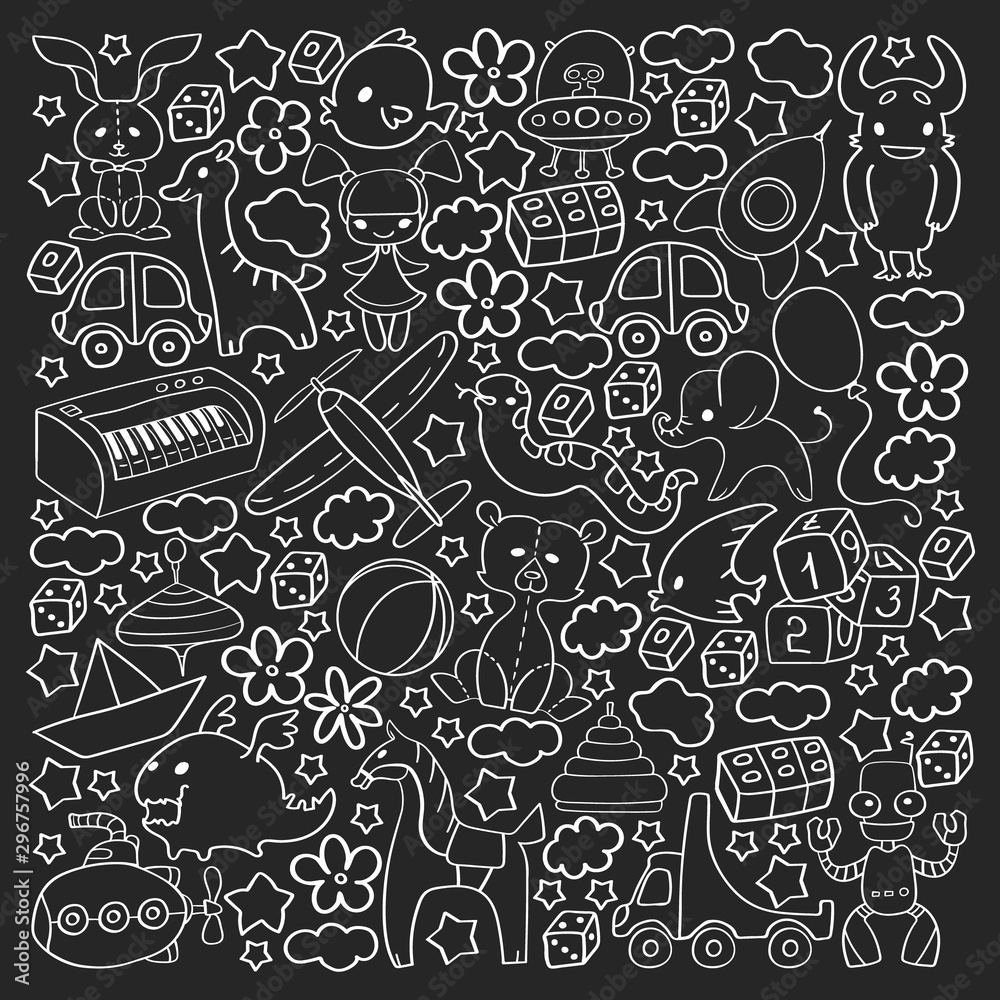 Vector pattern with children toys. Kindergarten elements in doodle style for little kids. Education, play, grow Vector pattern with children toys. Kindergarten elements in doodle style for little kids. Education, play, grow