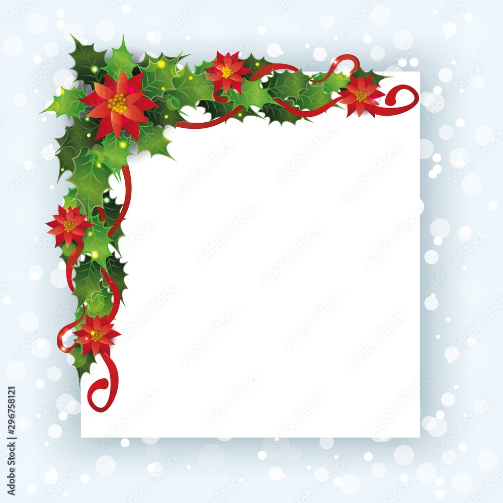 Naklejka premium Christmas card template with red poinsettia flower and green holly leaves decoration