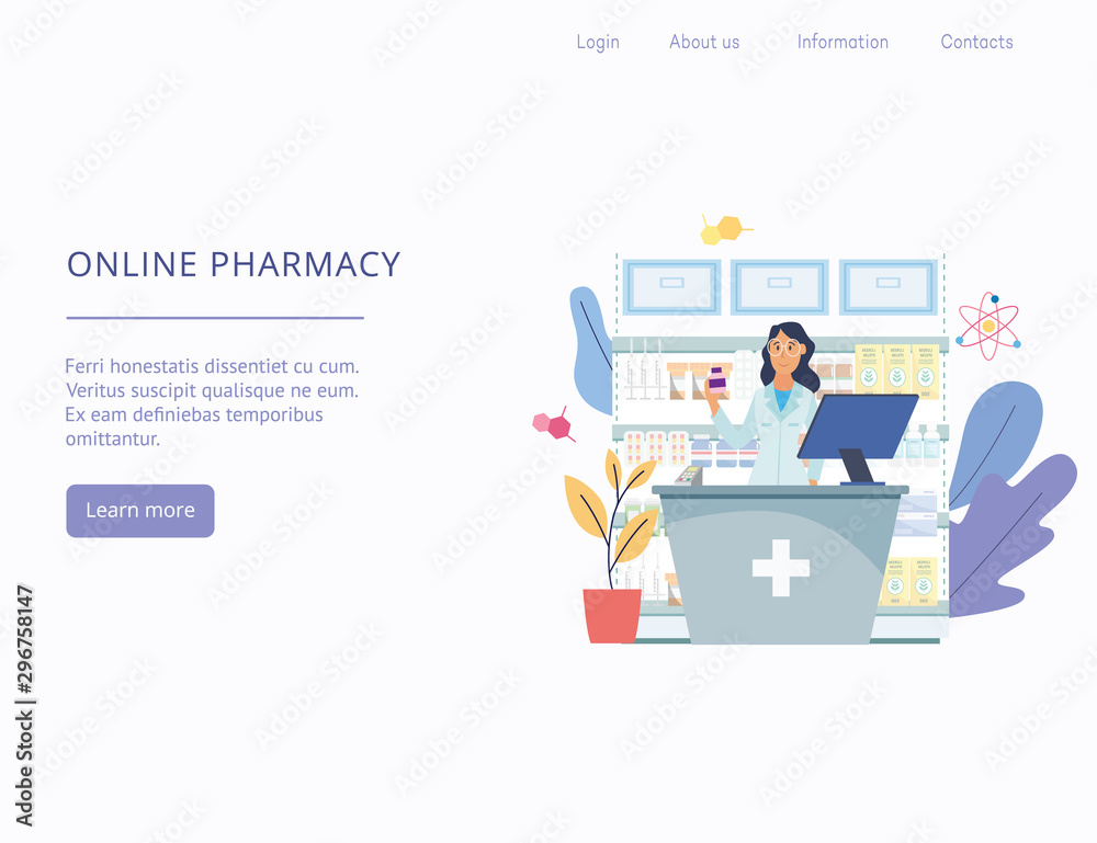 Pharmacist in uniform at counter with drugstore shelves flat vector illustration.