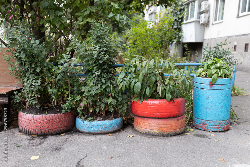 Floral flowerbed of old automobile tires