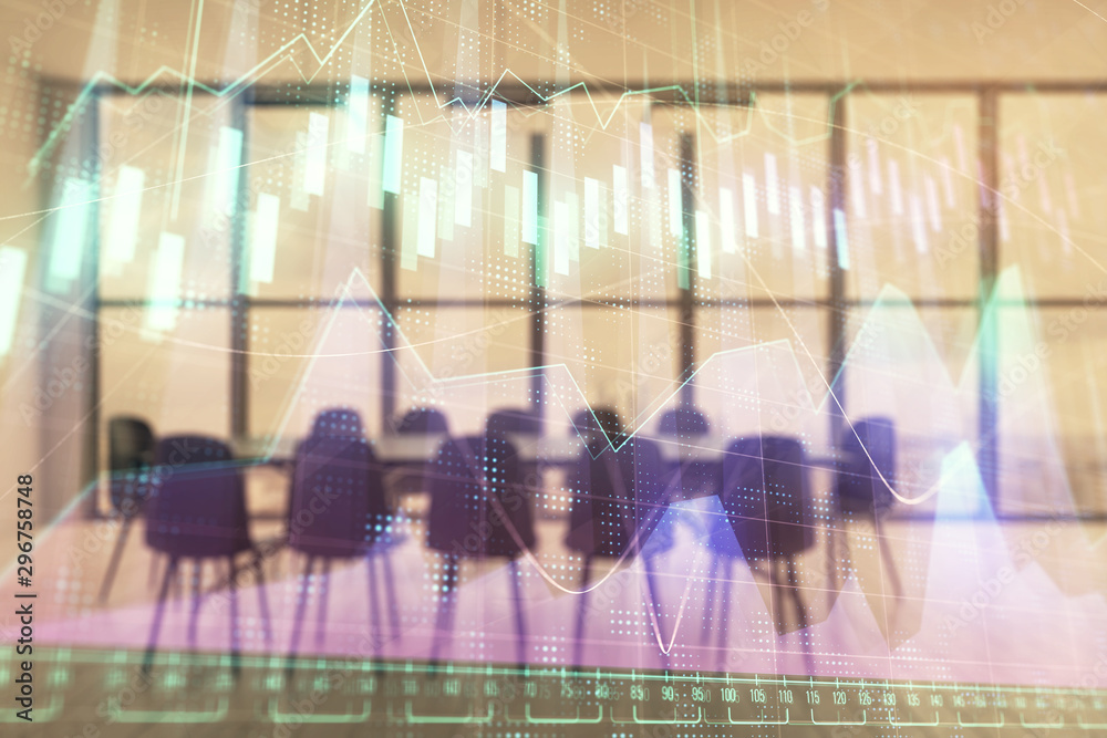 Multi exposure of stock market graph on conference room background. Concept of financial analysis Multi exposure of stock market graph on conference room background. Concept of financial analysis
