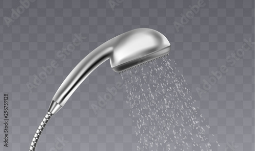 Realistic metal shower head with water flowing down the nozzle