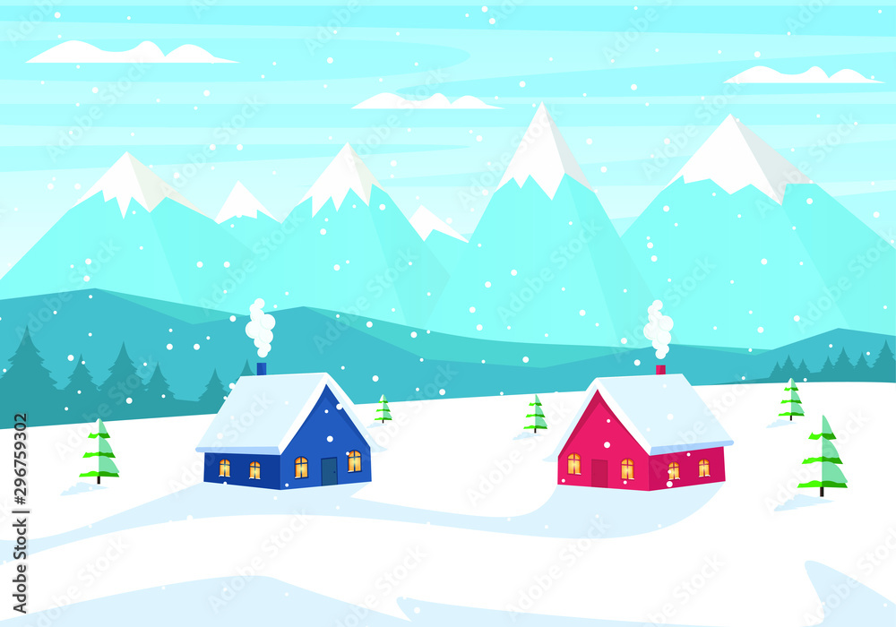 Winter landscape on a background of mountains. A snowy day in a cozy Christmas village.