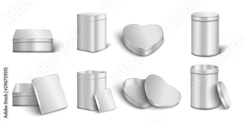 Metal box mockup set - realistic open and closed silver boxes
