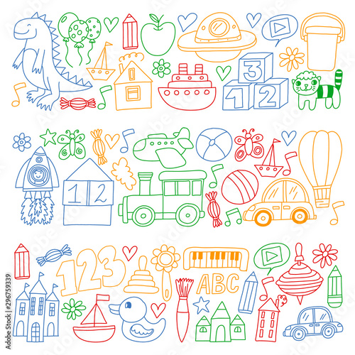Vector pattern with children toys. Robot, rocket, horse, doll