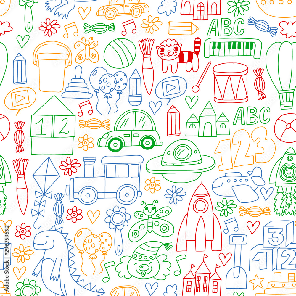 Vector pattern with children toys. Robot, rocket, horse, doll Vector pattern with children toys. Robot, rocket, horse, doll