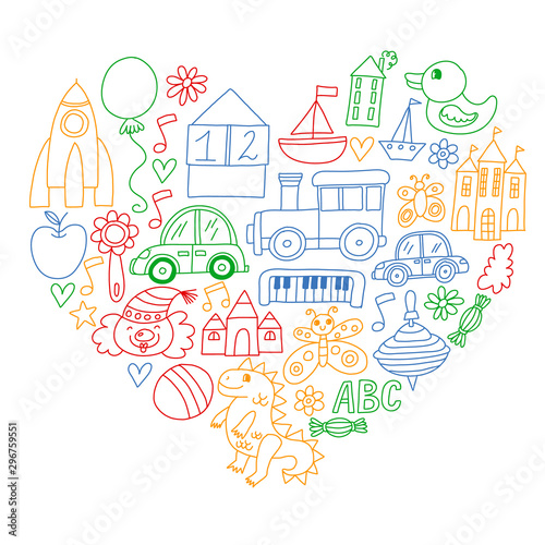 Vector pattern with children toys. Robot, rocket, horse, doll