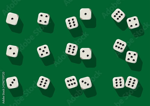 Top view of white dice. Casino dice on green photo