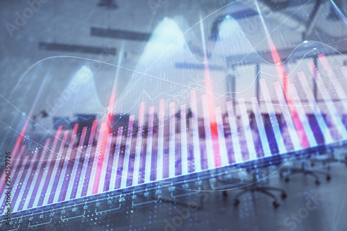 Stock and bond market graph with trading desk bank office interior on background. Multi exposure. Concept of financial analysis