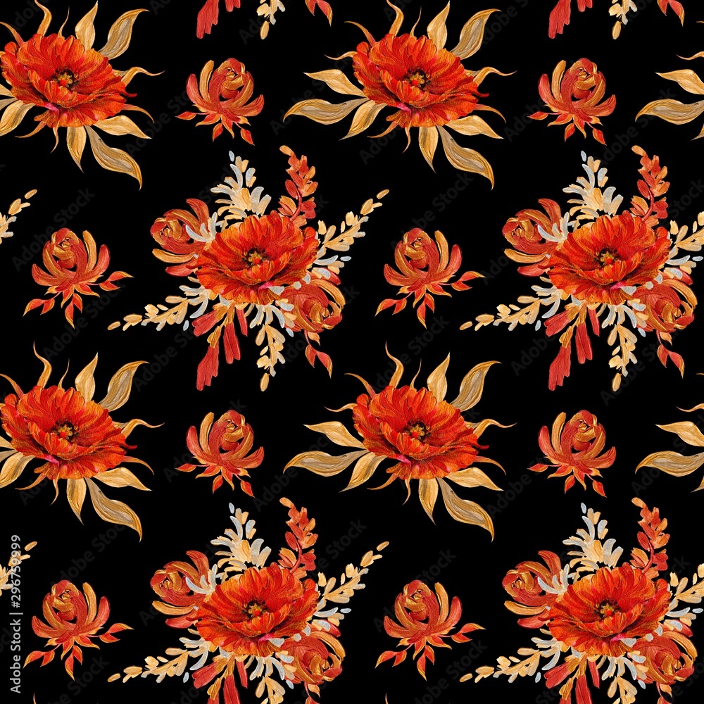 Red flowers rose and poppy seamless pattern