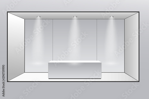 3D exhibition booth. Square corner. Vector white empty geometric square. Blank box template