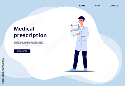 Medical prescription - flat banner of doctor holding pharmacy document and smiling.