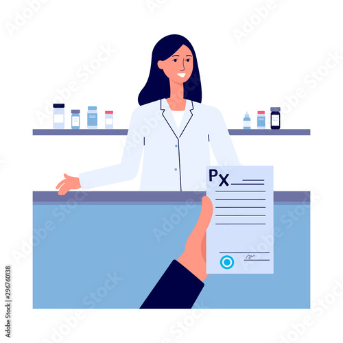 Prescription form in drugstore with pharmacist flat cartoon vector illustration.