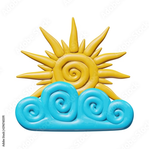 Plastic yellow sun in curly cloud illustration