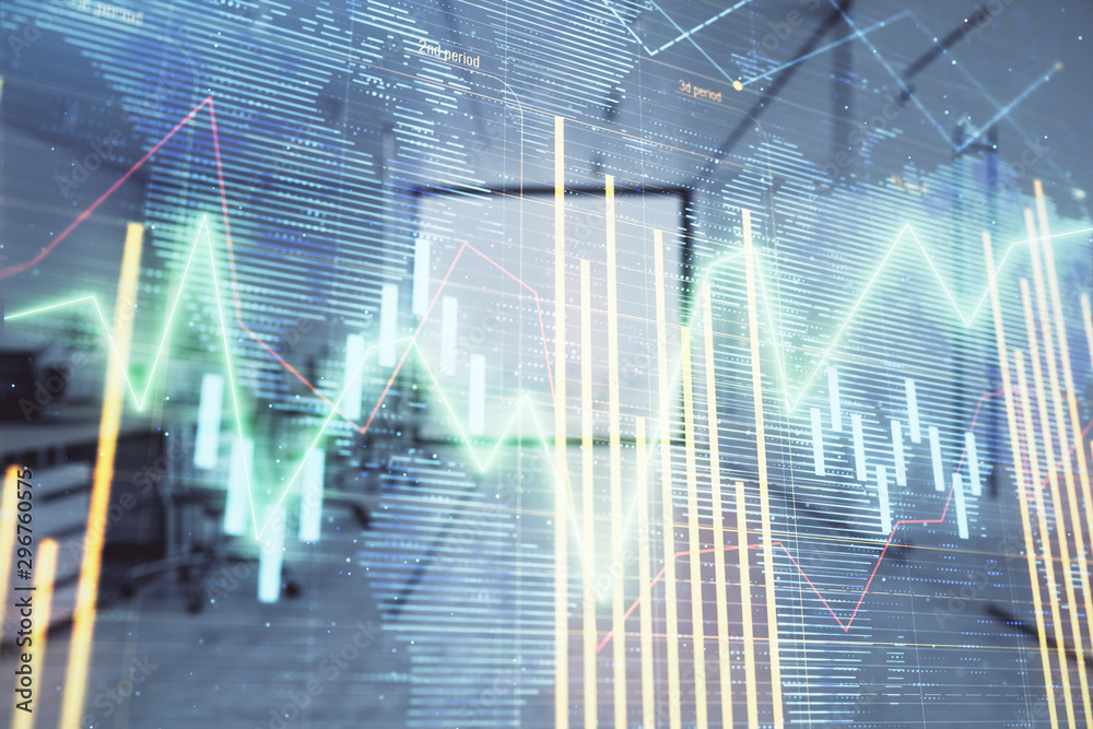 Stock and bond market graph and world map with trading desk bank office interior on background. Multi exposure. Concept of international finance Stock and bond market graph and world map with trading desk bank office interior on background. Multi exposure. Concept of international finance