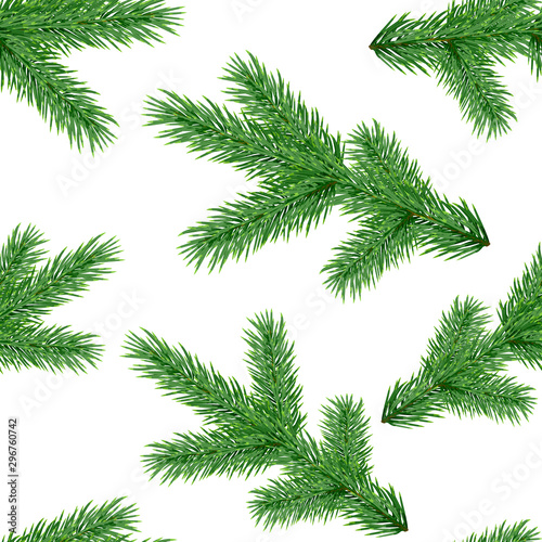 Seamless pattern with realistic spruce branches isolated on white background; Vector botanical illustration; Endless decorative texture with green Christmas tree twigs