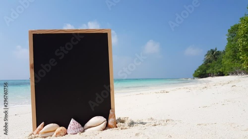 Blackboard with shells at the tropical sand beach 
