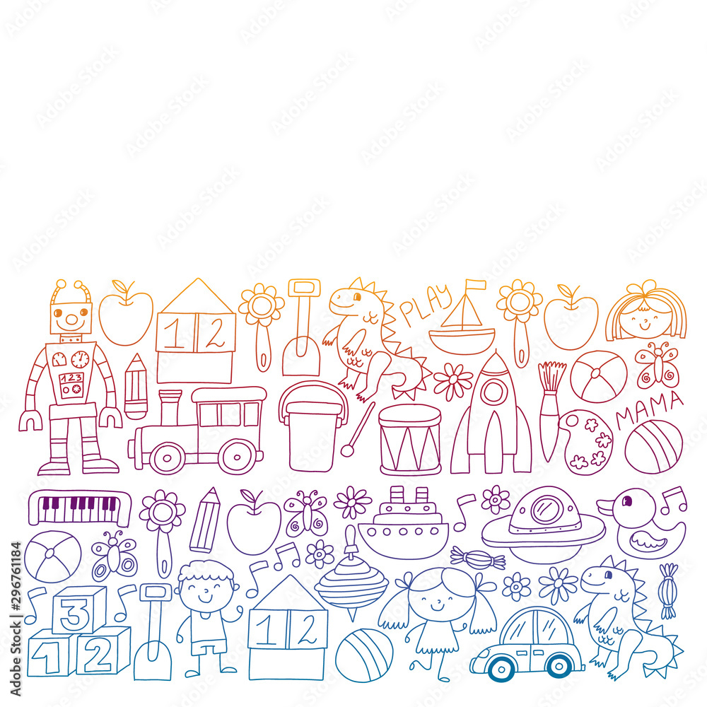 Kindergarten preschool school children. Kids drawing style vector pattern. Play grow learn together.