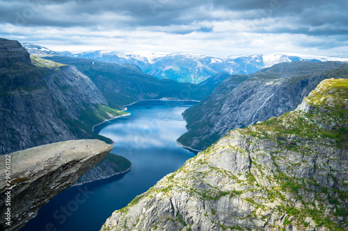 Trolltunga in Norway cliffs mountain and lake fiord