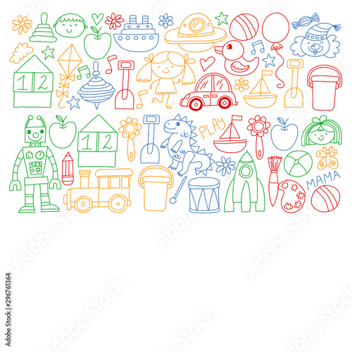 Kindergarten preschool school children. Kids drawing style vector pattern. Play grow learn together.