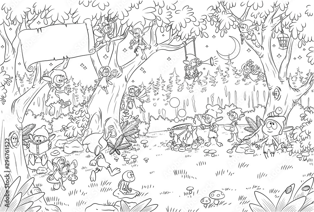 Obraz premium Niedliche Kobolde im Wald - Vektor-Illustration