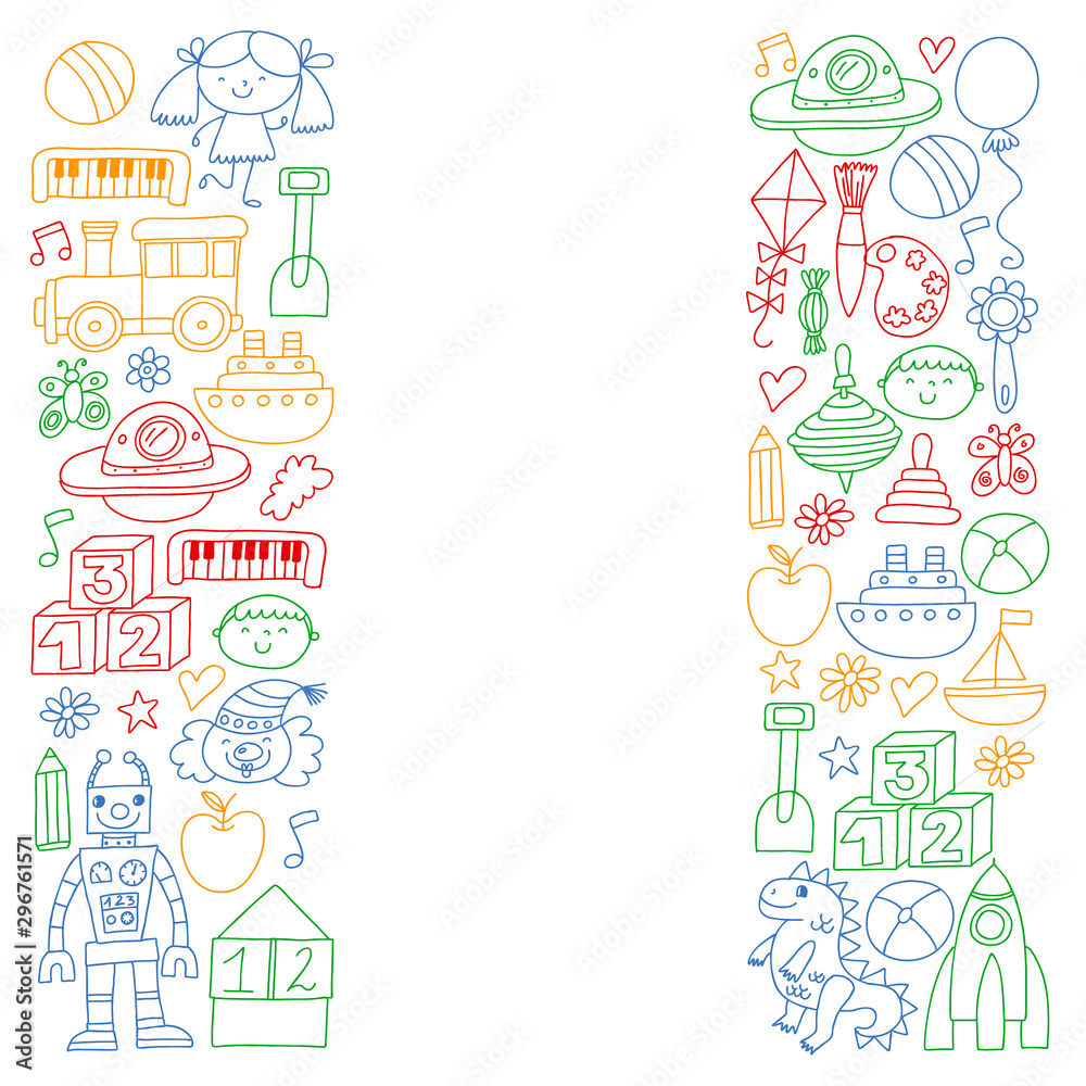 Kindergarten preschool school children. Kids drawing style vector pattern. Play grow learn together.