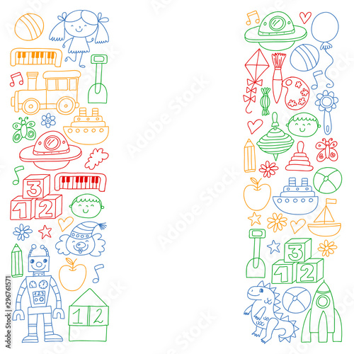 Kindergarten preschool school children. Kids drawing style vector pattern. Play grow learn together.