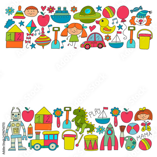 Kindergarten preschool school children. Kids drawing style vector pattern. Play grow learn together.
