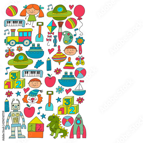 Kindergarten preschool school children. Kids drawing style vector pattern. Play grow learn together.