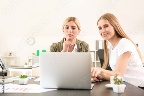 Beautiful businesswoman and her colleague discussing issue in office