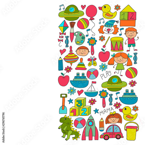 Kindergarten preschool school children. Kids drawing style vector pattern. Play grow learn together.
