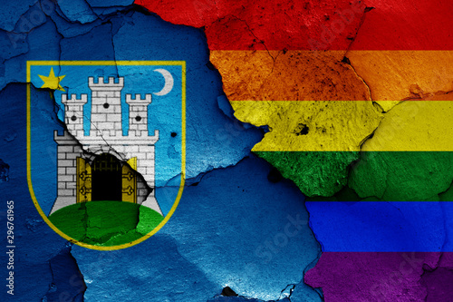 flags of Zagreb and LGBT painted on cracked wall photo